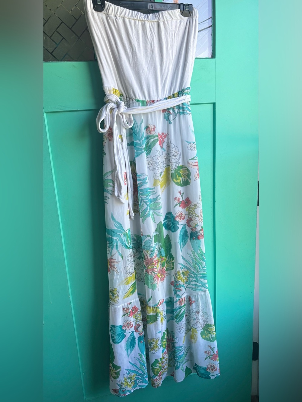 New York & Company Cream Floral Strapless Dress with Green & Pink Accents